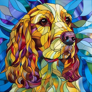 Puede incluir: Una obra de arte de vitral que representa a un perro con pelaje marrón, amarillo y rojo. La cara del perro es visible, con un hocico largo y ojos grandes y oscuros. El fondo es un patrón de vitral azul y verde.