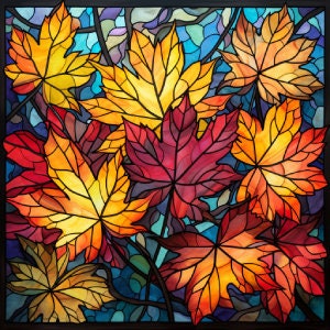 Fall Leaves Stained Glass Digital Download, Printable Wall Art