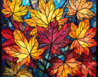 Puede incluir: Un diseño de vitral con un grupo de hojas de arce de colores en tonos rojos, naranjas, amarillos y marrones. Las hojas están dispuestas en un patrón aleatorio sobre un fondo azul.