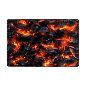 May include: A close-up image of glowing hot coals with bright orange flames. The coals are black and the flames are orange and yellow.