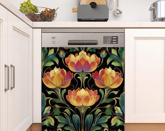 May include: A dishwasher cover featuring a floral design with orange, yellow, and purple flowers on a black background. Green leaves and gold accents complete the pattern. The cover is installed on a stainless steel dishwasher.