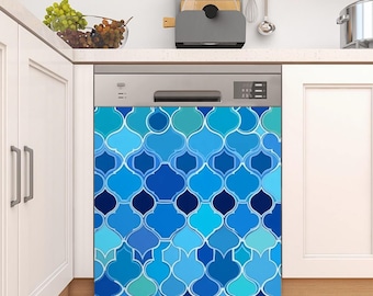 May include: A blue and white geometric patterned dishwasher magnet. The pattern is reminiscent of a traditional Moroccan tile design.