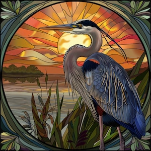 May include: A stained glass style illustration of a blue heron standing in a marsh with a sunset in the background.