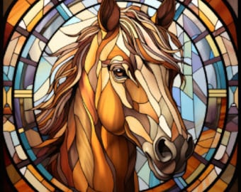 Puede incluir: Una representación en vitral de la cabeza de un caballo, con tonos marrones, dorados y blancos. La crin y la cola del caballo fluyen con el viento. El fondo es un diseño circular de vitral con colores azules, verdes y naranjas.