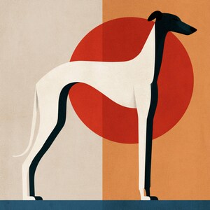 Könnte beinhalten: Eine stilisierte grafische Illustration eines schlanken Hundes mit schwarzem Kopf, Hals und Beinen, die sich von einem weißen Körper abheben. Der Hund steht im Profil vor einem großen roten Kreis auf einem geteilten hellbeigen und orangen Hintergrund.