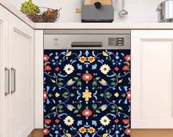 May include: A dishwasher cover with a dark blue background and a floral pattern. The design features red, white, and yellow flowers, blue birds, and green leaves. The cover is a decorative kitchen appliance accessory.
