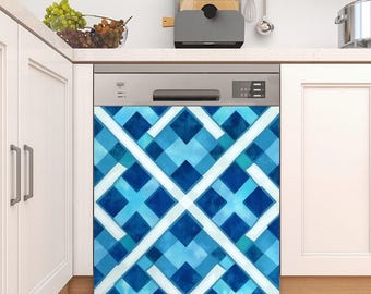 May include: A blue and white geometric patterned dishwasher door cover. The pattern features a series of overlapping squares and rectangles in shades of blue, with white lines creating a grid-like effect.