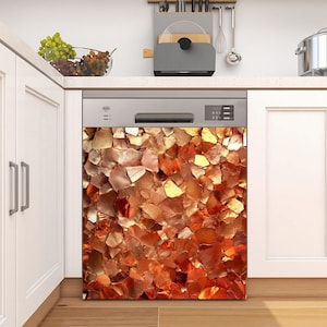 May include: A stainless steel dishwasher with a copper-toned mosaic tile design on the front door. The dishwasher has a digital display and control buttons.