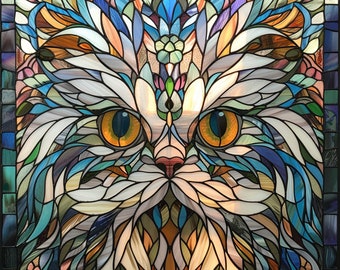 May include: A stained glass panel featuring a stylized cat face. The artwork uses a mosaic of colorful glass pieces in shades of blue, orange, green, and white. The cat's eyes are a striking orange, and the overall design is symmetrical.