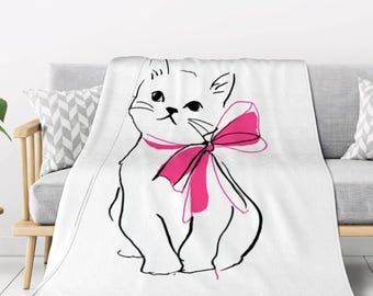 White Kitty Cat Thick Flannel Throw Blanket