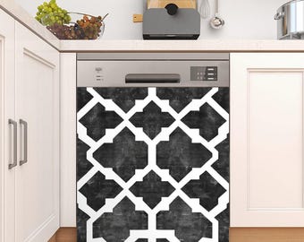 May include: A black and white geometric dishwasher magnet with a distressed look. The design features a repeating pattern of squares and diamonds.
