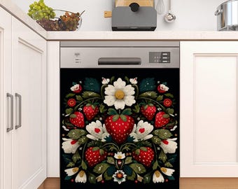 May include: A black dishwasher cover featuring a vibrant floral design with red strawberries, white flowers, and green leaves. The artwork is centered and symmetrical, creating a decorative kitchen appliance accent.