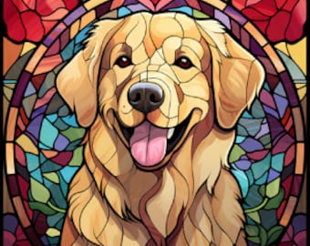 Puede incluir: Una ilustración de vitral de un perro golden retriever con una expresión feliz. El perro está rodeado de un diseño de vitral colorido con rosas rojas a cada lado.