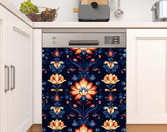 May include: A dishwasher cover featuring a dark blue background with a repeating floral pattern in orange, yellow, and blue. The design includes stylized flowers and leaves, adding a decorative element to the kitchen appliance.