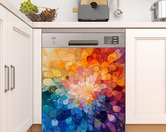 Puede incluir: Una cubierta de puerta de lavavajillas colorida con un diseño floral abstracto vibrante. El diseño presenta un patrón circular de pétalos superpuestos en tonos de amarillo, naranja, rojo, rosa, azul, morado y verde.