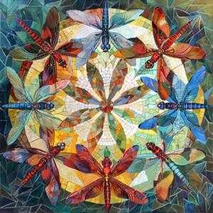 May include: A colorful mosaic artwork featuring a circular design with eight stylized dragonflies. The dragonflies are arranged around a central circle with a radial pattern. The dragonflies are in shades of blue, red, orange, and yellow.