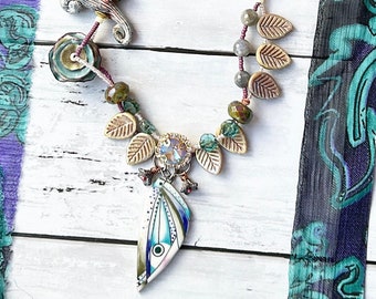 Moth wing necklace, bird necklace, bird on branch, turquoise necklace, gift for her, suhana hart