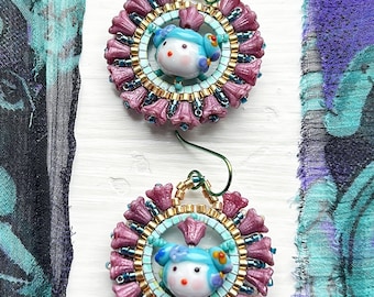 Doll earrings, Geisha earrings, blue beadwoven earrings, pink earrings, short earrings, gift for her, suhana hart, beaded earrings