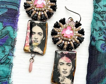 Frida earrings, beadwoven earrings, black flower earrings, pink earrings, gift for her, suhana hart, beaded earrings