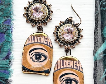 Eye earrings, beadwoven earrings, black earrings, gold colour earrings, gift for her, suhana hart, beaded earrings