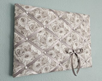 LAST ONE! 16x12in Grey and white roses themed fabric memo, photo, vision board