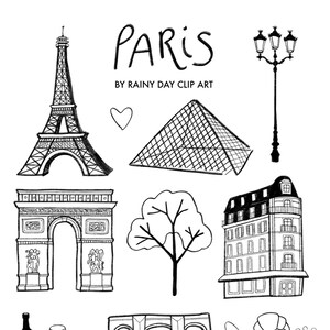 Clip art di Parigi in bianco e nero disegnata a mano - Schizzi di Parigi