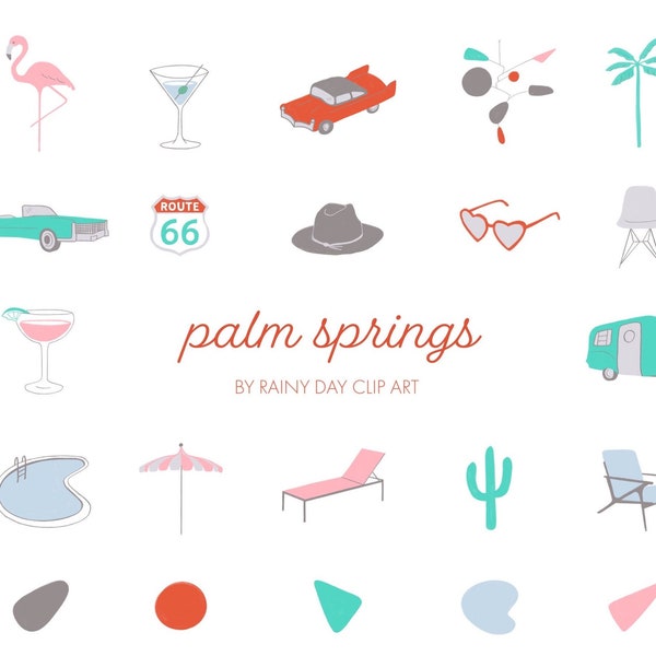 Palm Springs Clip Art - Hand Drawn Retro Clip Art - Summer Pool Party Clip Art