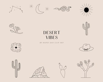 Desert Vibes Clip Art - Hand Drawn Boho Desert Clip Art in Black - Joshua Tree art - Cactus art - SVG and PNG