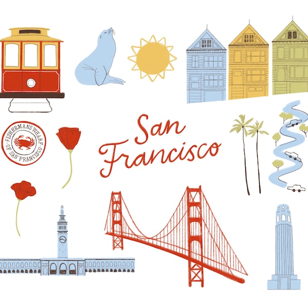 Ensemble de cliparts de San Francisco - clipart Californie dessinés à la main