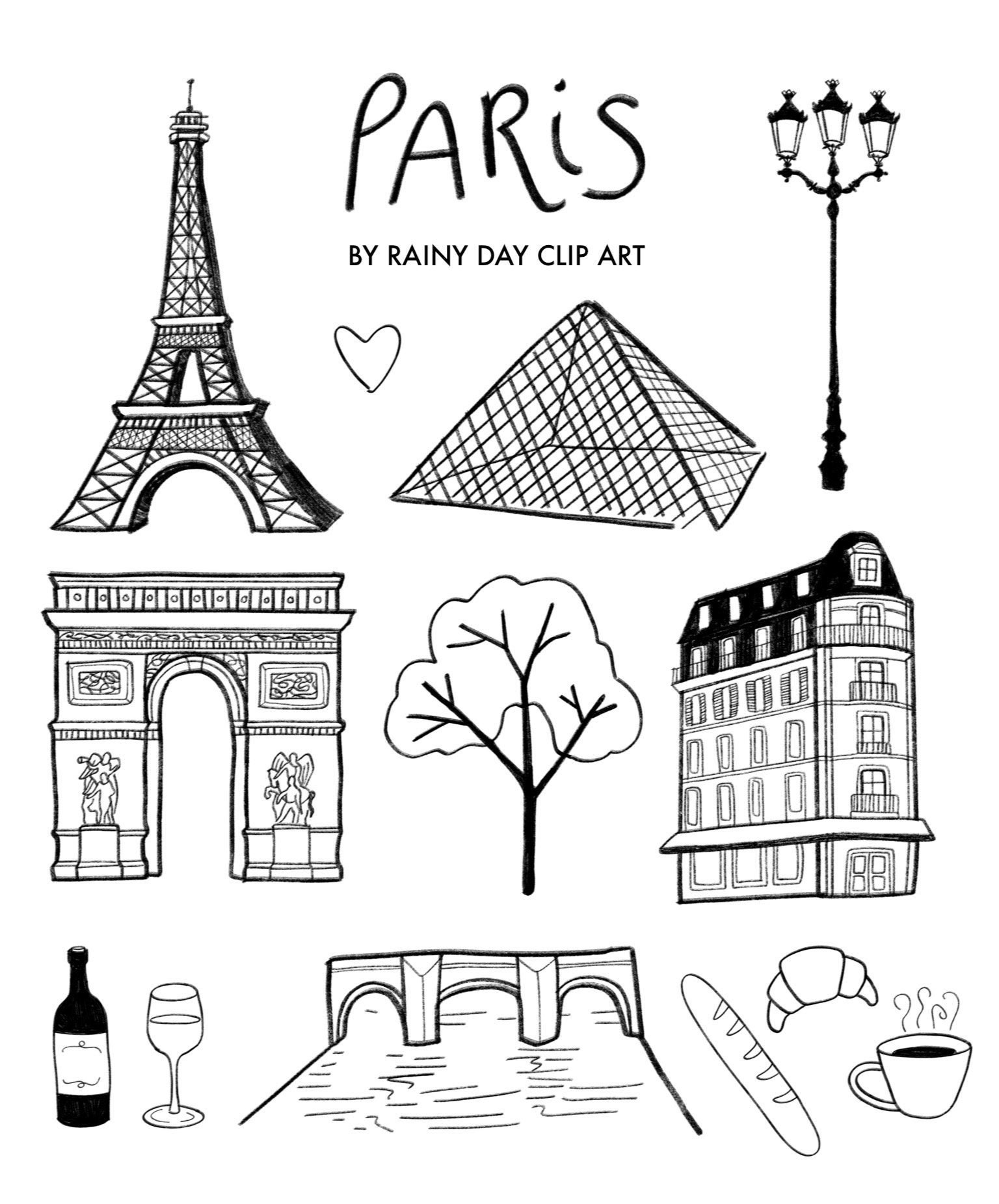 Hand Drawn Black and White Paris Clip Art - Paris Sketches - Etsy