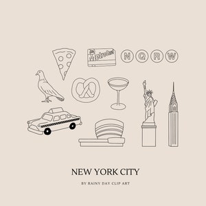 May include: A collection of black and white line drawings of New York City icons, including a pizza slice, subway sign, pigeon, pretzel, cocktail glass, taxi, Guggenheim Museum, Statue of Liberty, and the Chrysler Building. The words "NEW YORK CITY" are at the bottom.