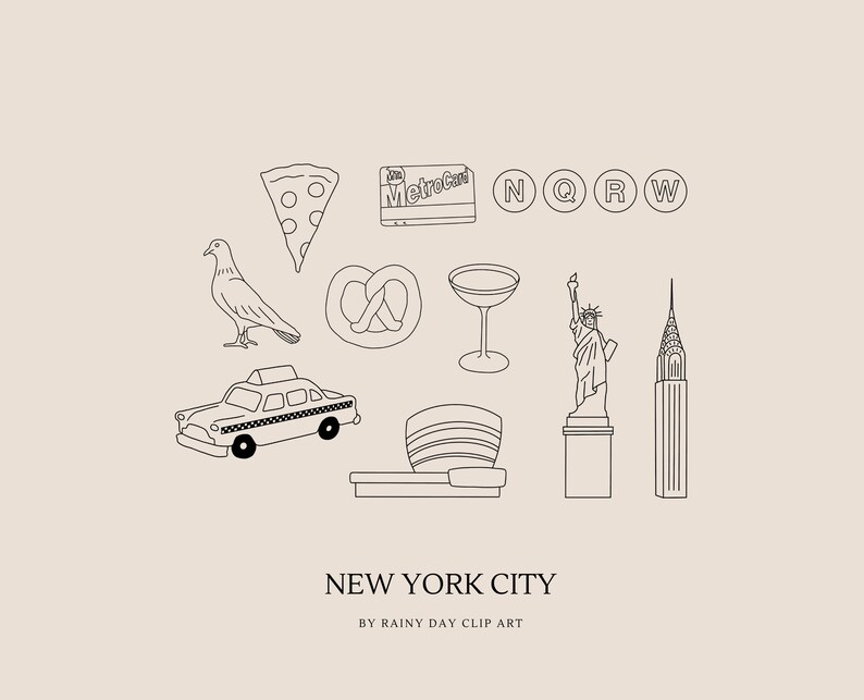 May include: A collection of black and white line drawings of New York City icons, including a pizza slice, subway sign, pigeon, pretzel, cocktail glass, taxi, Guggenheim Museum, Statue of Liberty, and the Chrysler Building. The words "NEW YORK CITY" are at the bottom.
