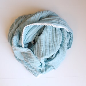 Oversized Muslin Baby Blanket, Ocean Swaddle Blanket, Pom Pom Trim Baby Blanket, Swaddle Blanket