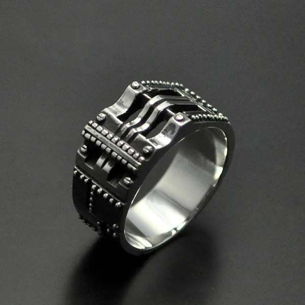 Pinky ring for men, Cyberpunk ring, Industrial band for men, Unusual wedding ring, Bespoke steampunk silver jewelry, Custom silver jewellery