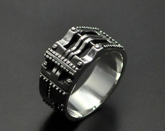 Pinky ring for men, Cyberpunk ring, Industrial band for men, Unusual wedding ring, Bespoke steampunk silver jewelry, Custom silver jewellery