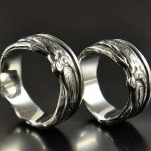 自然にインスパイアされた結婚指輪セット、溶岩リングシルバー、彼と彼女の結婚指輪セット、手作りジュエリーリング、