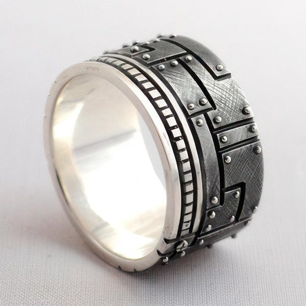 Mens Sterling Silver Steampunk Ring, Wide Chunky Band