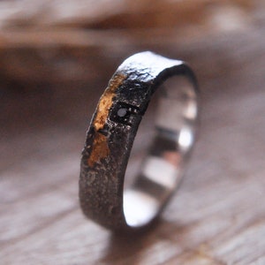 Black diamond wedding band, Mixed metals Keum boo wedding ring, Wedding silver gild ring, Rustic silver wedding ring, Bespoke wedding ring