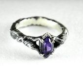 Marquise amethyst witch ring silver, Twig birthstone ring, Tree branch engagement ring, Wiccan silver ring, February birthstone ring silver