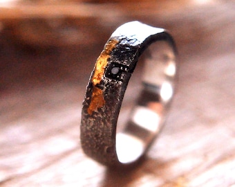 Rustieke sterlingzilveren herentrouwring, zwarte diamanten ring, Keum Boo-goud