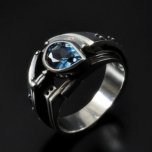Cyberpunk Sterling Silver Ring with London Blue Topaz, Statement Ring