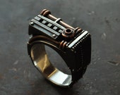 Industrial steampunk mens ring unique "Oppugnarendum" | Modern industrial silver jewelry | Silver and copper contemporary ring