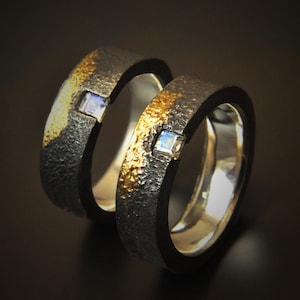 Alternative Wedding Ring Set • Handmade Couple Bands with Textured Finish • Faceted Moonstone Detail