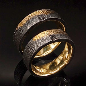 Wedding bans set, Wedding rings Keum boo, Unique wedding band, 18k Gold and Sterling Silver couple rings, Gold lining silver band Diamond