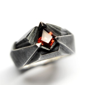 Futuristic sterling silver ring Black oxidized "Caladanium", Statement modern Garnet ring, Mens cyberpunk ring