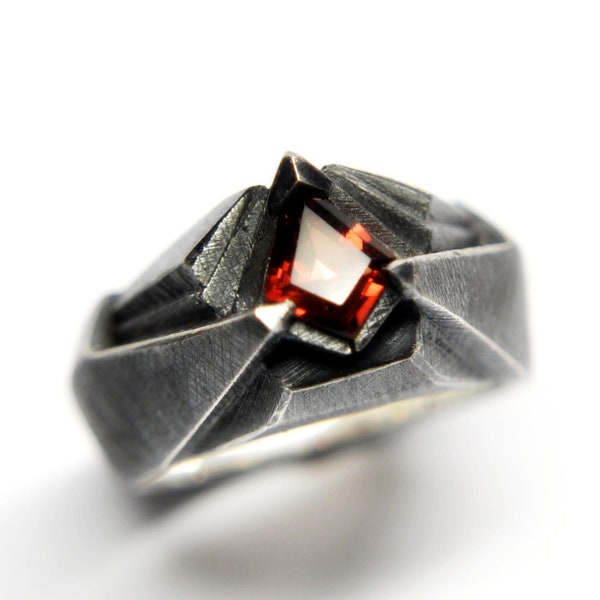 Futuristic sterling silver ring Black oxidized "Caladanium", Statement modern Garnet ring, Mens cyberpunk ring