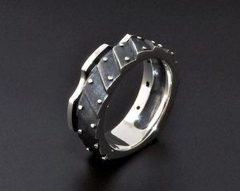 Black Industrial Ring - Edgy Unique Silver Band for Men "Subvenirendum", Male silver contemporary band,  Unusual wedding band for men