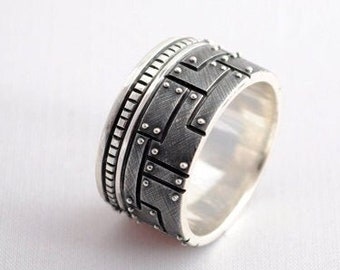 Chunky ring Sterling silver thumb ring Textured darkened oxidized wide band Cyberpunk