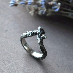 Nature inspired chevron ring, Tiny diamond ring, Tree bark ring, Twig sterling silver ring, Dainty diamond ring, Unusual wedding ring