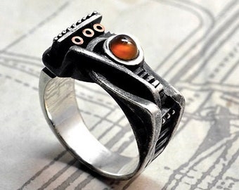 Futuristic ring Post apocalyptic ring Sterling silver steampunk carnelian ring Cyberpunk "Spiralemus"
